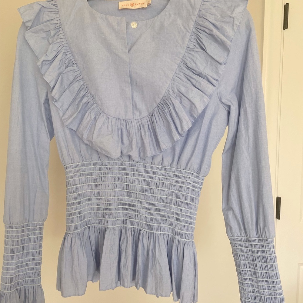 Tory Burch Blue Ruffled Smocked Bib Collar Blouse